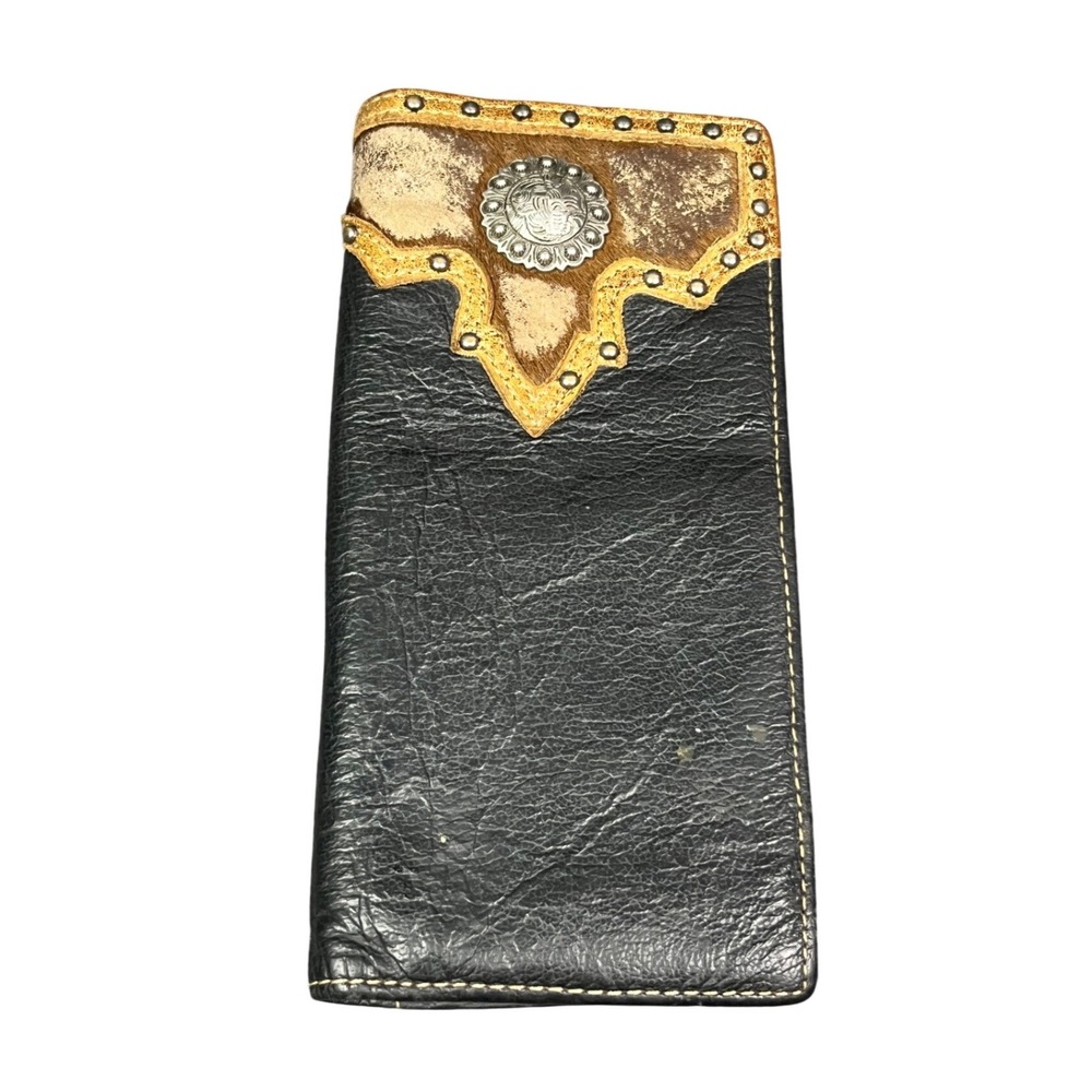 Bronco Roper Mens‎ Western Bifold Wallet Black Leather Concho Studded Hair Hide